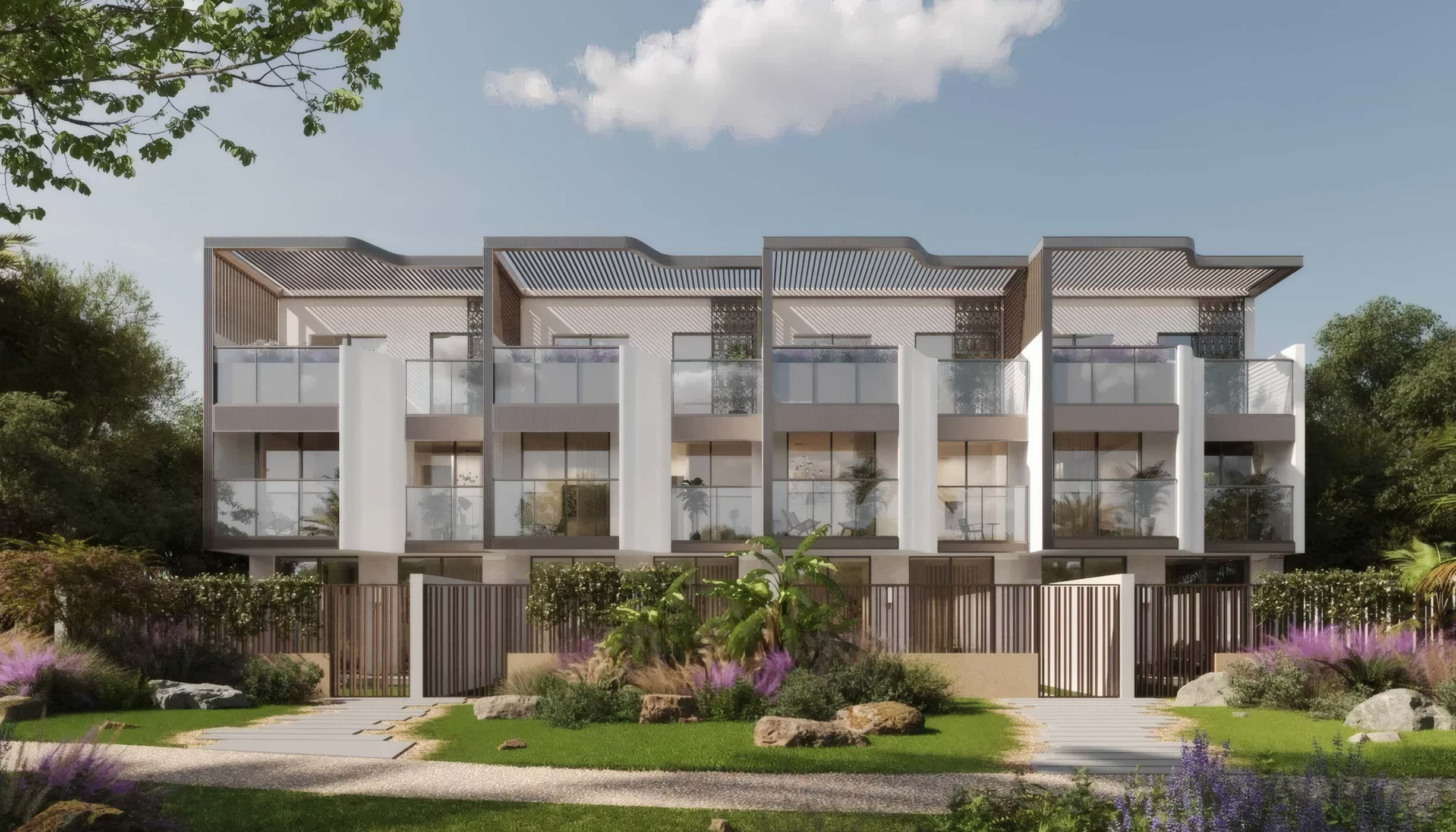 New townhouses in Greenwood Royal Park, highlighting modern design and vibrant outdoor spaces.
