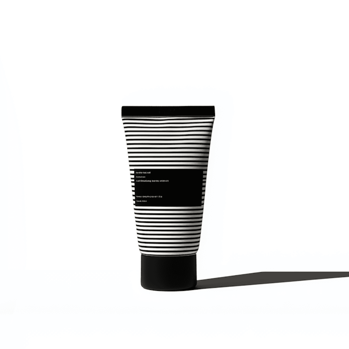 Minimalist cosmetic tube with black-and-white horizontal stripes and a solid black cap, isolated on a white background.