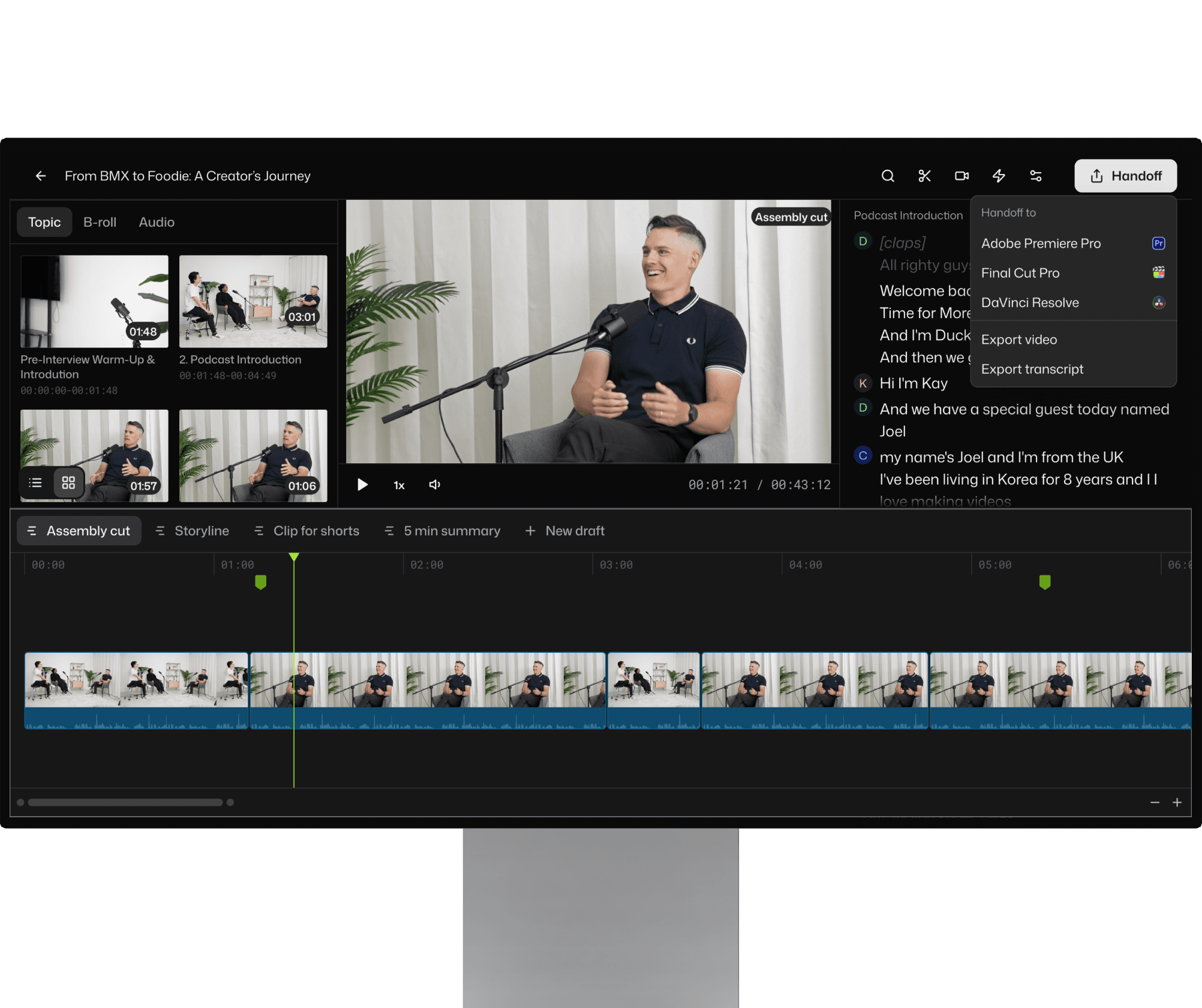 Selects by Cutback UI showcasing the video storyline creation process