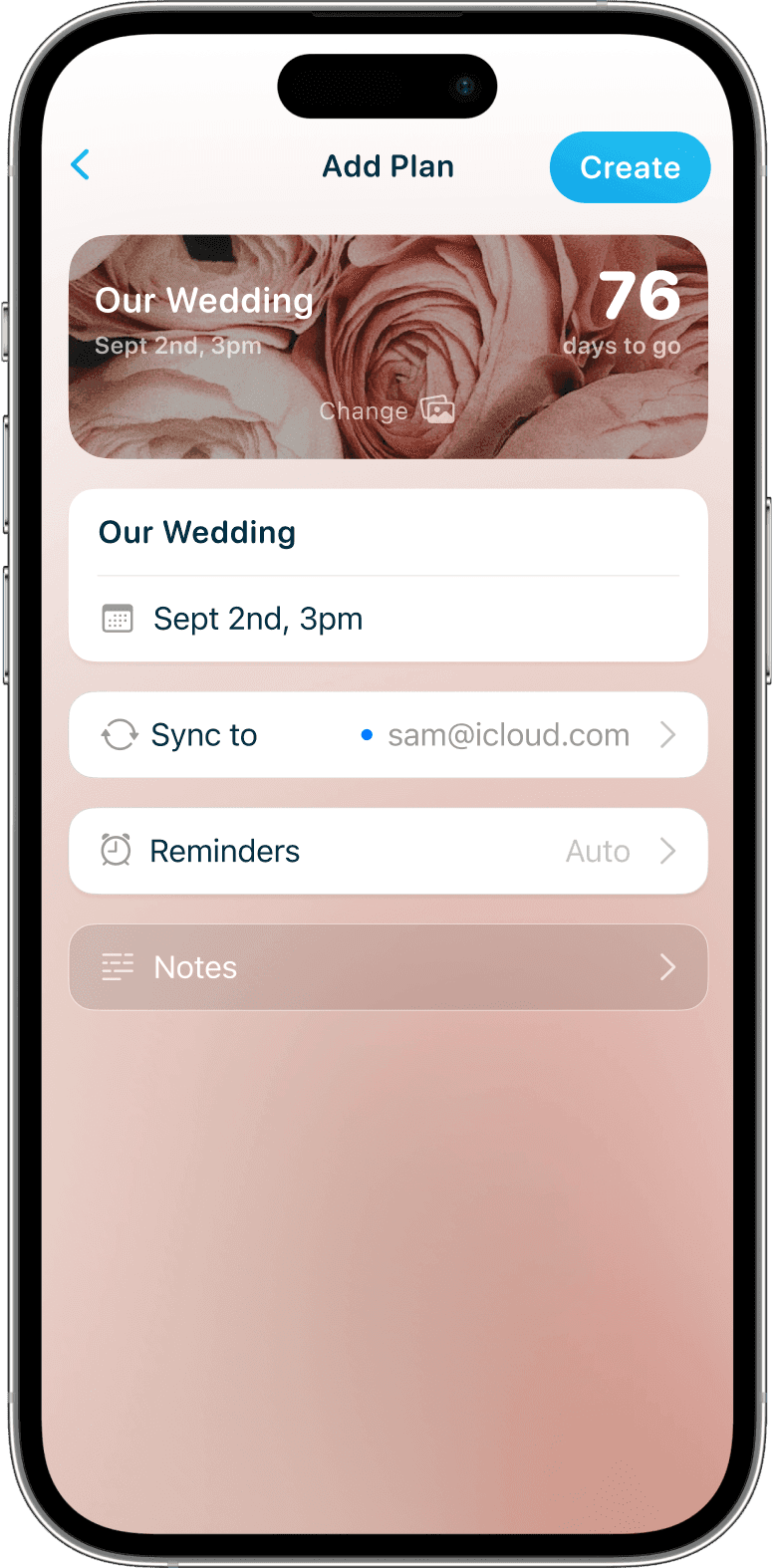 iPhone showing a create screen for a Wedding countdown