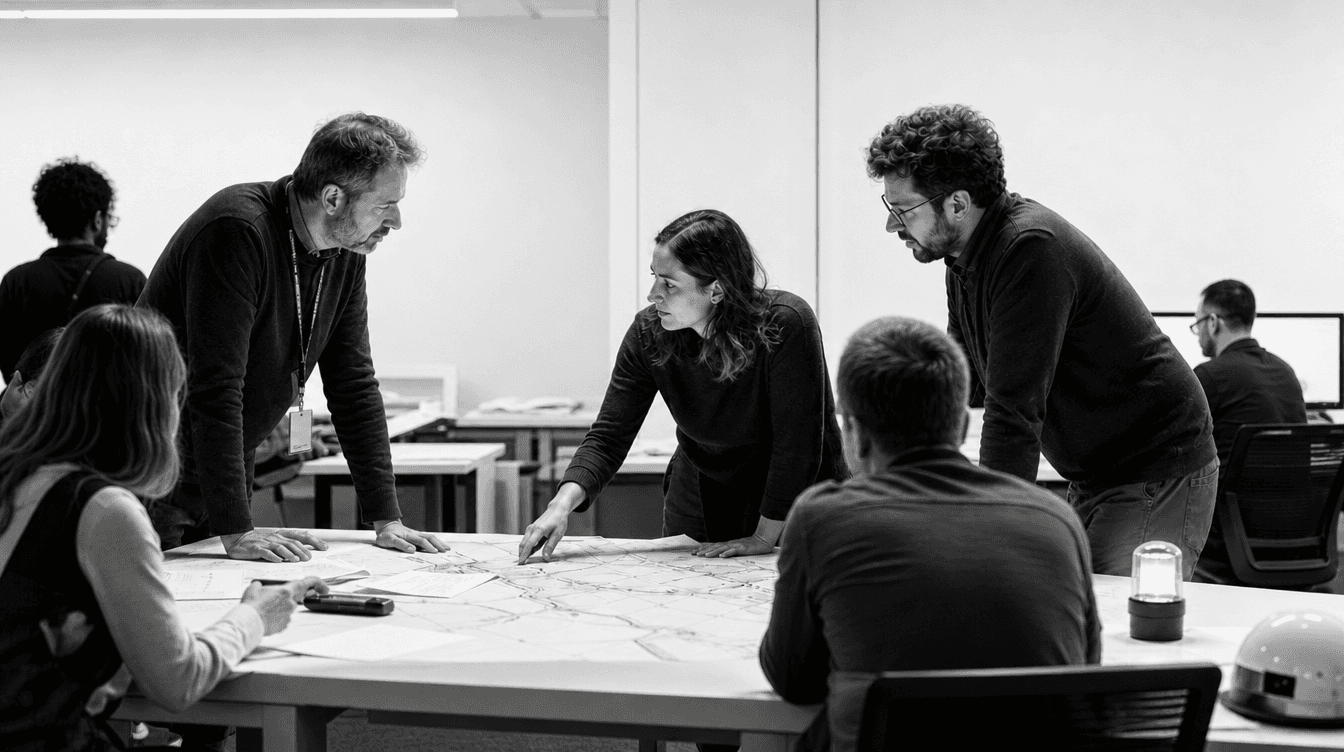 Equipo trabajando en un panel de planificación