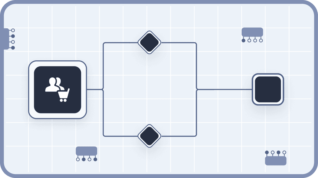 Flowchart diagram illustrating a process with connected nodes, set against a grid background, representing workflow and automation concepts.