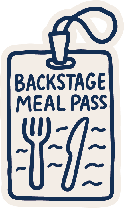 Illustration of a backstage meal pass featuring a fork and knife with the text "BACKSTAGE MEAL PASS."