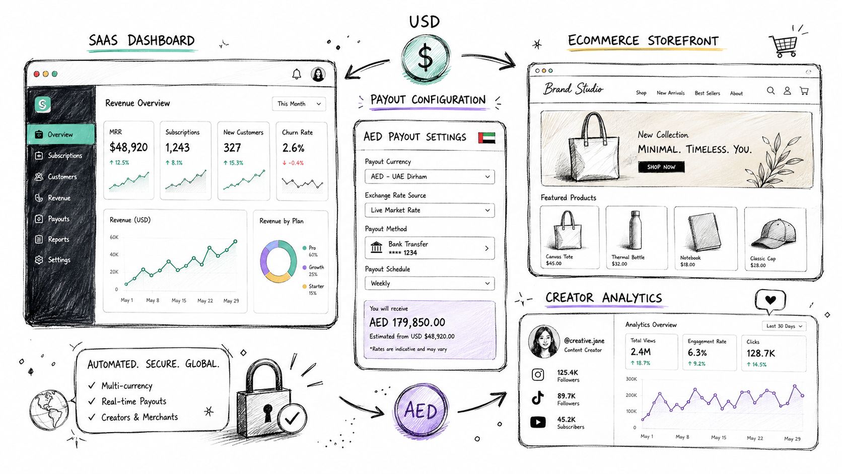 A hand-drawn illustration depicting a SAAS dashboard and ecommerce storefront with integrated automated global payout configurations.