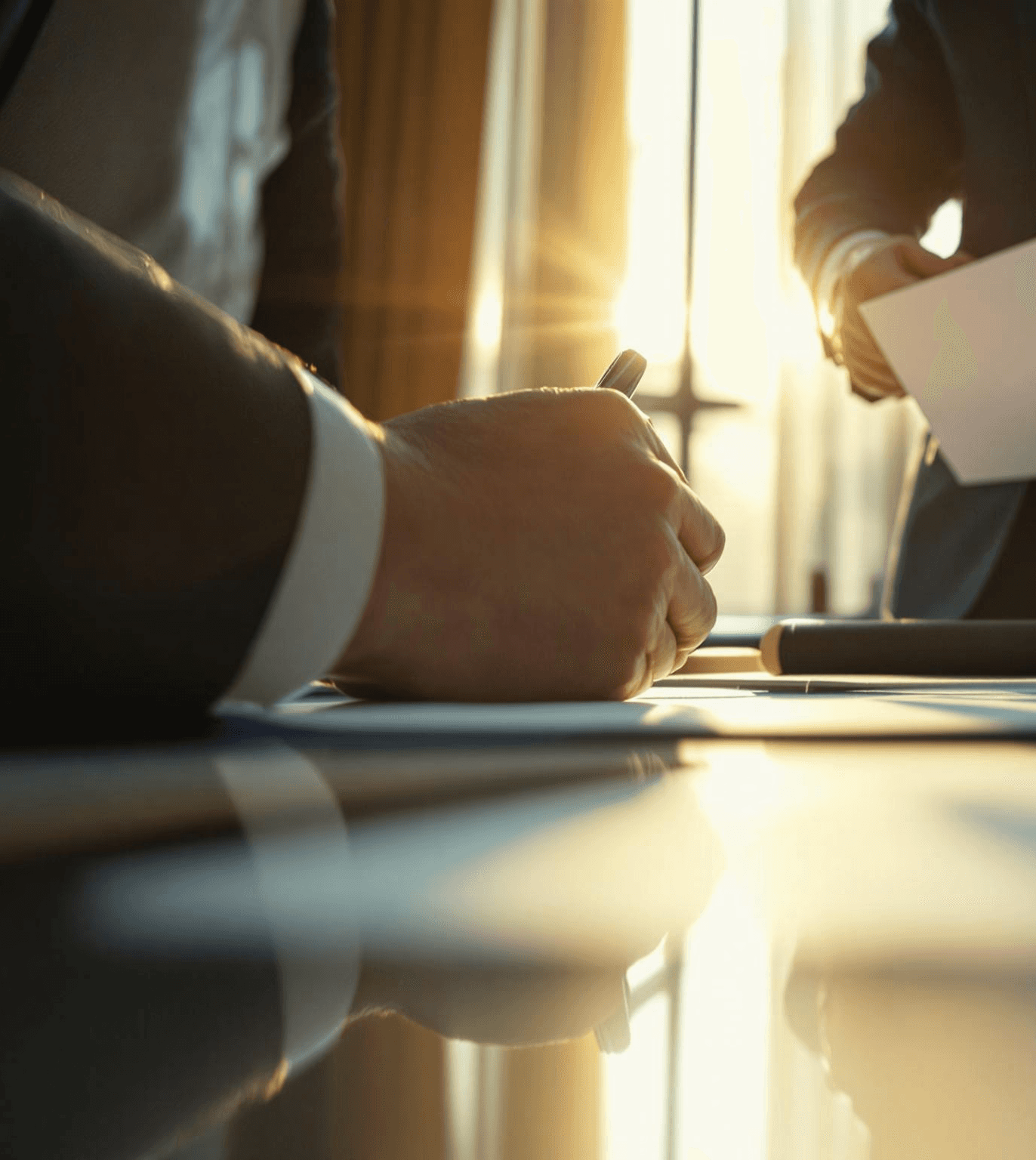 A person sits at a wooden desk in a warmly lit home office, focused on a computer screen, with a lamp, books, and a pencil holder nearby, creating a cozy and productive workspace.