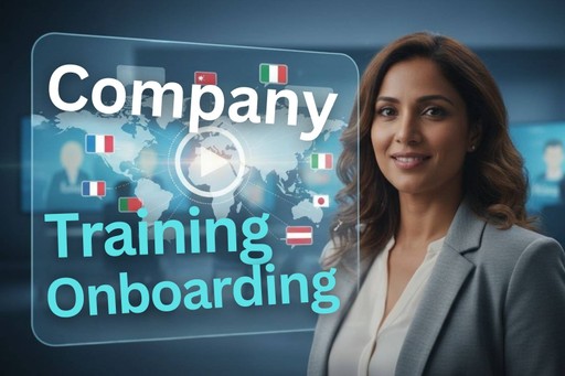 Penerjemah Video untuk pelatihan internal perusahaan dan orientasi, dasbor tim global dengan peta dunia, ikon pemutaran video, dan bendera negara