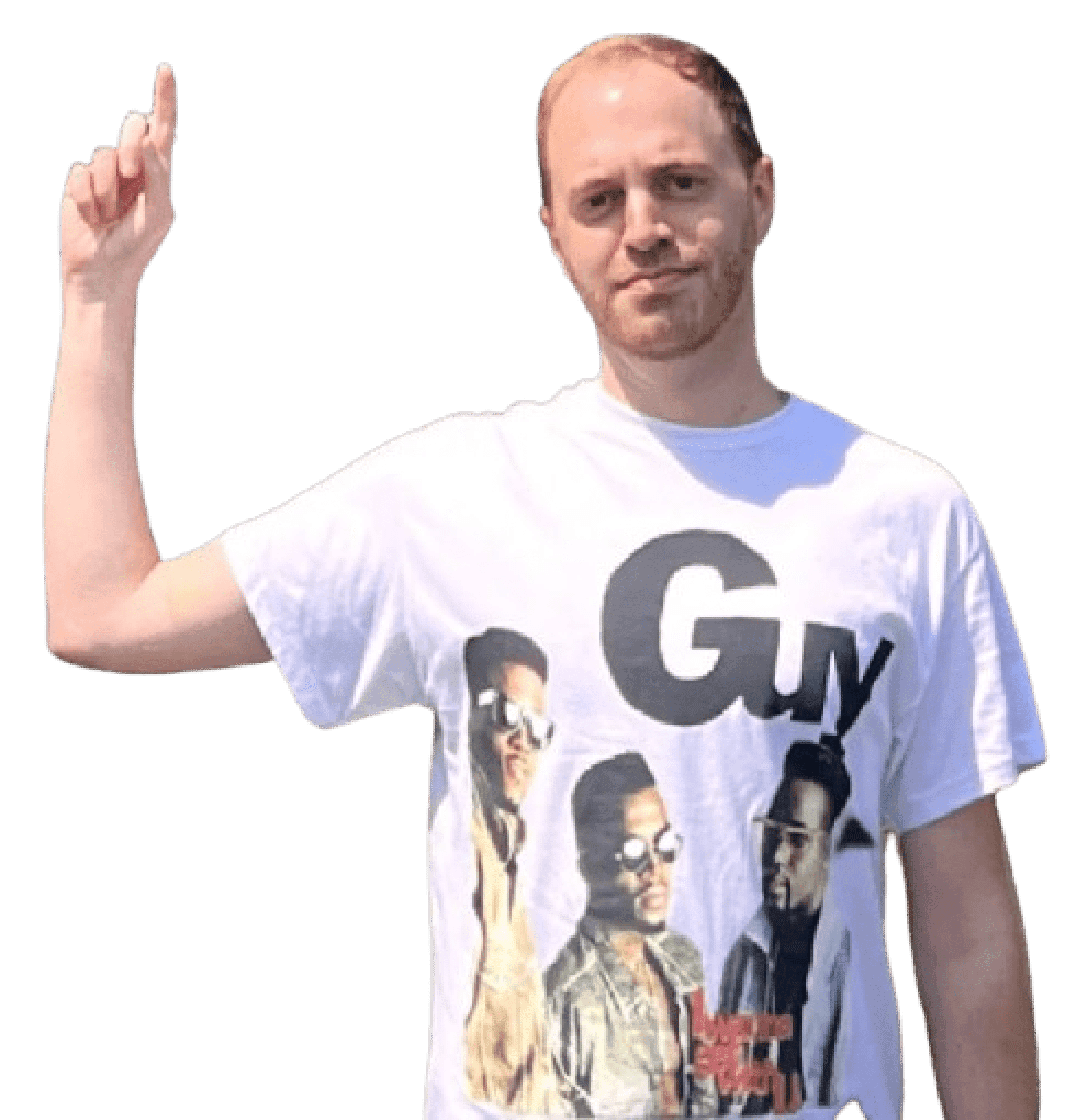 image of me pointing up to previous statement. I am white with reddish hair and I am wearing a t-shirt with 80's boy band "Guy" on it