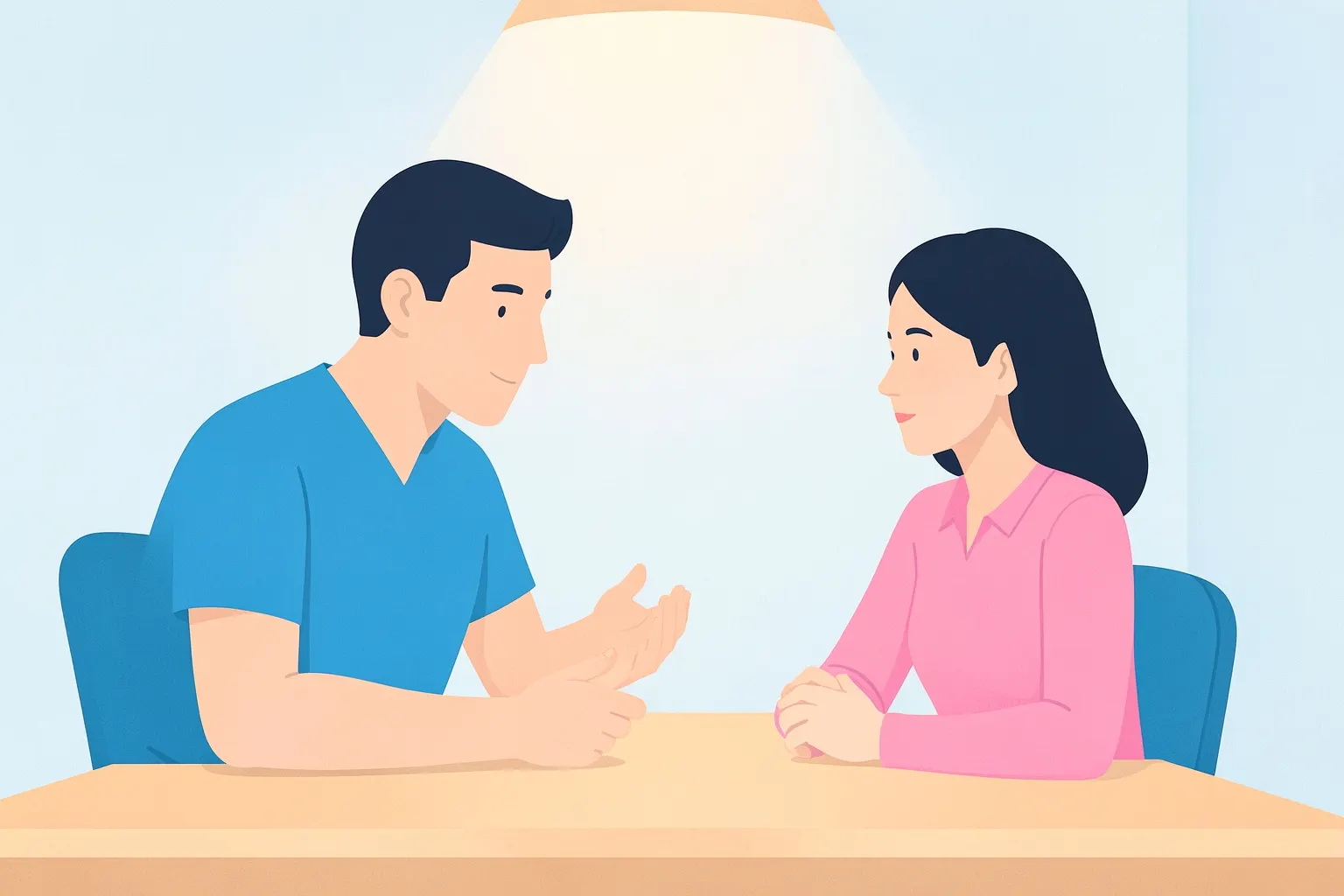 A doctor is talking to a patient in a consultation room.