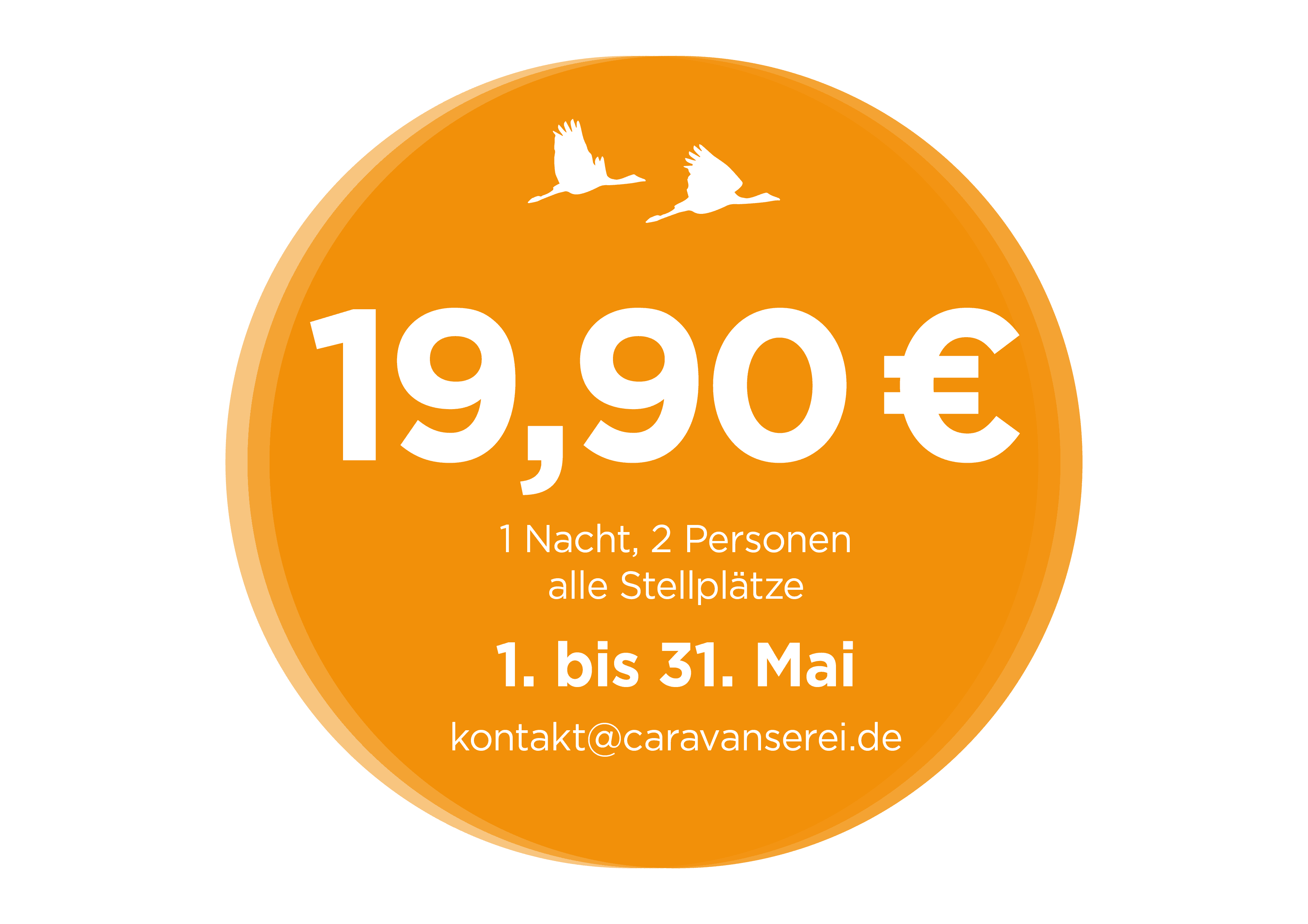 19,90 € pro Nacht für 2 Personen auf allen Stellplätzen, 1. bis 31. Mai
