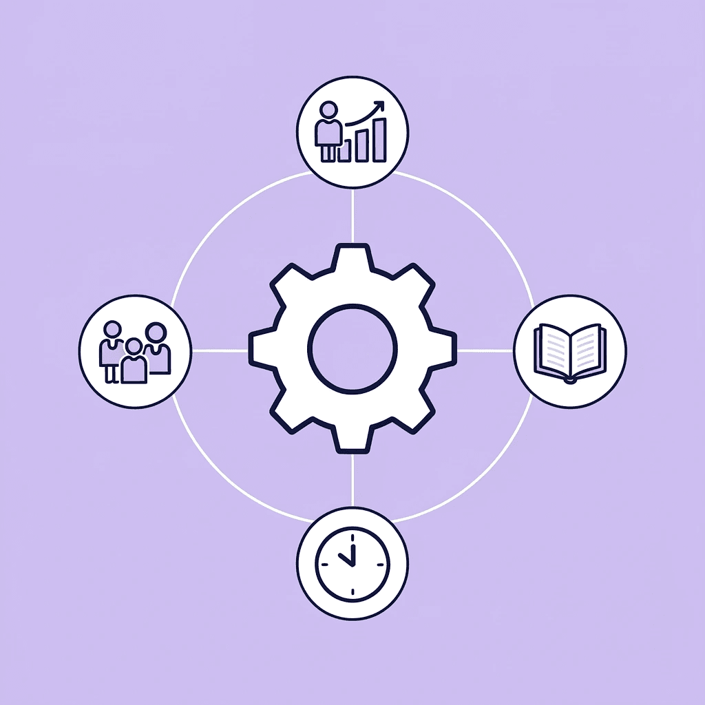 Central AI hub connected to four surrounding elements: automated scheduling, data-driven insights, personalized experiences, and operational optimization