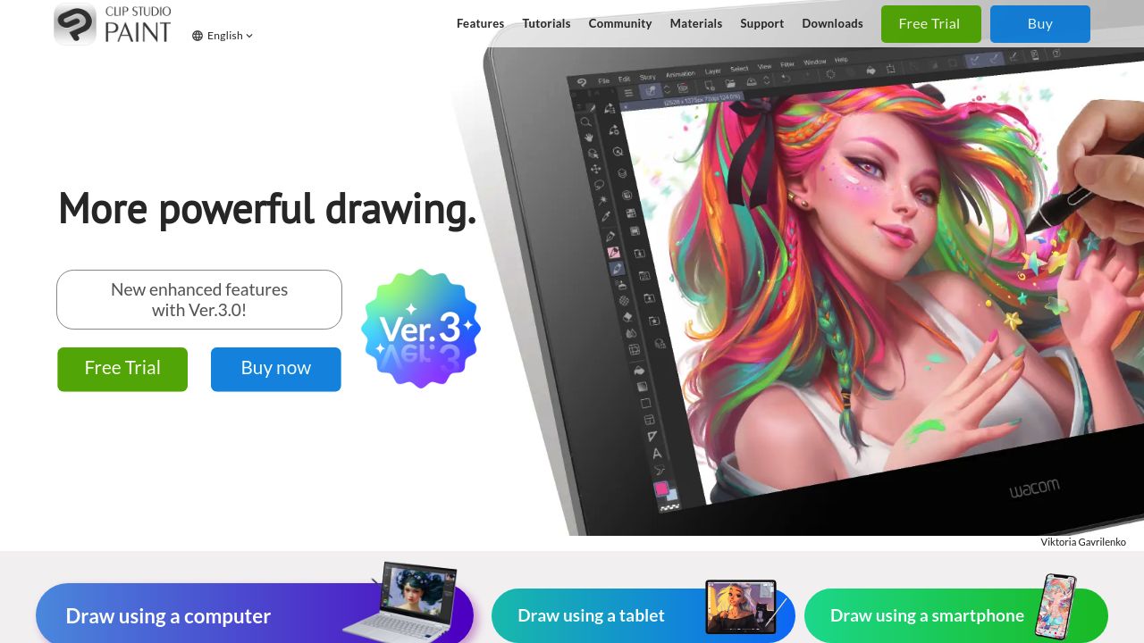 Screenshot of the Clip Studio Paint website presenting digital painting and illustration software