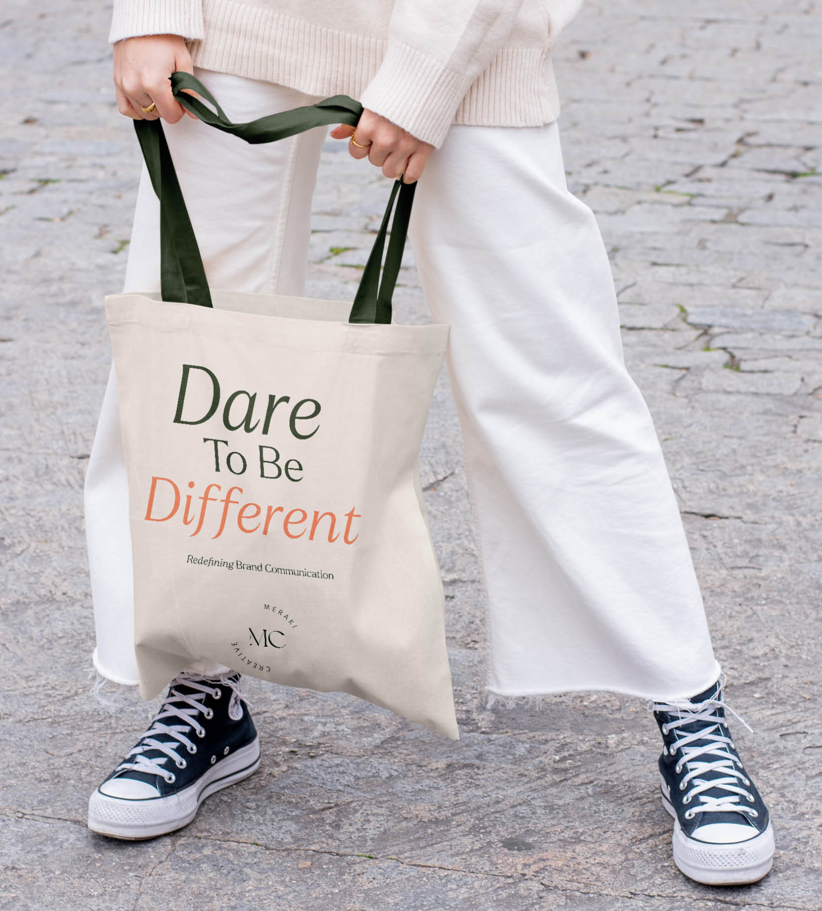 Branded tote bag featuring copywriting agency messaging and visual identity