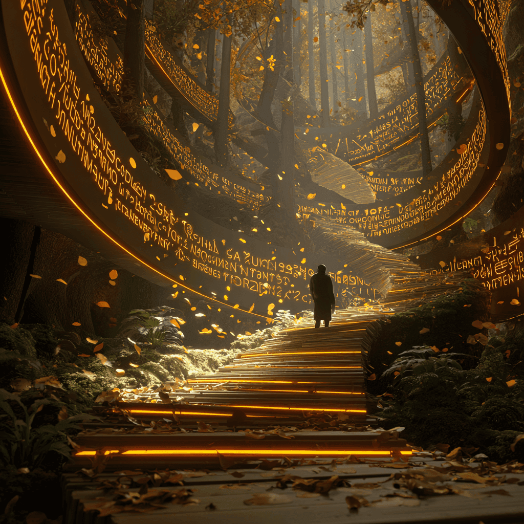 A cinematic, hyper-realistic visual of a vast, spiraling staircase made of books, stories, and glowing narrative glyphs, winding upward through an ancient forest bathed in soft golden light. Each step is inscribed with mythic symbols and glowing orange etchings, representing core moments of transformation — "origin," "challenge," "revelation," "breakthrough," and "ascendancy." The forest is alive with motion — golden leaves swirl in the air, shafts of light pierce through tall green canopies, casting divine illumination on certain story-steps. At the center stands a lone figure in silhouette, hand outstretched to touch a glowing, golden thread that guides the entire spine upward toward a radiant horizon. The atmosphere radiates depth, wonder, and clarity — a perfect balance of nature and narrative architecture. Sharp cinematic lighting, subtle lens flare, no text, just storytelling in visual form. Warm tones of orange and gold contrast against natural greens, with painterly textures and epic scale.