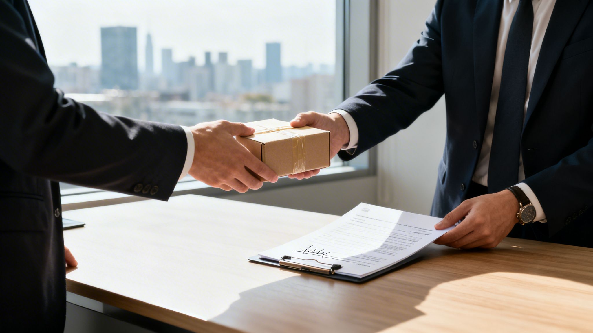 Two businessmen in suits exchanging a small delivery package on a wooden desk with a document.