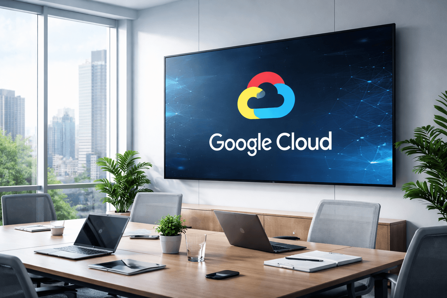 lean tech office with Google Cloud branding visible on a screen