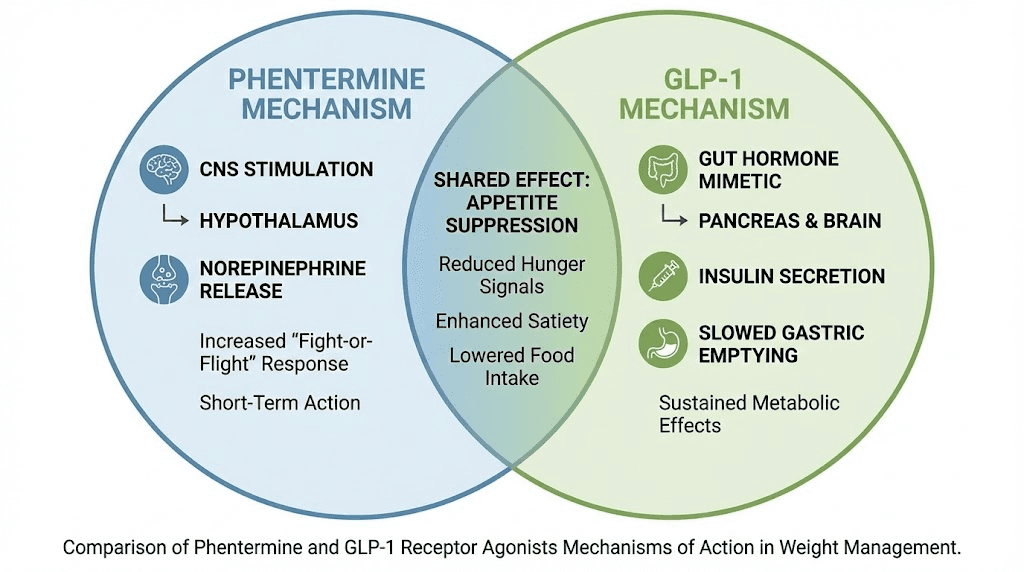 Phentermine vs GLP-1 mechanism overlap showing different pathways to appetite suppression