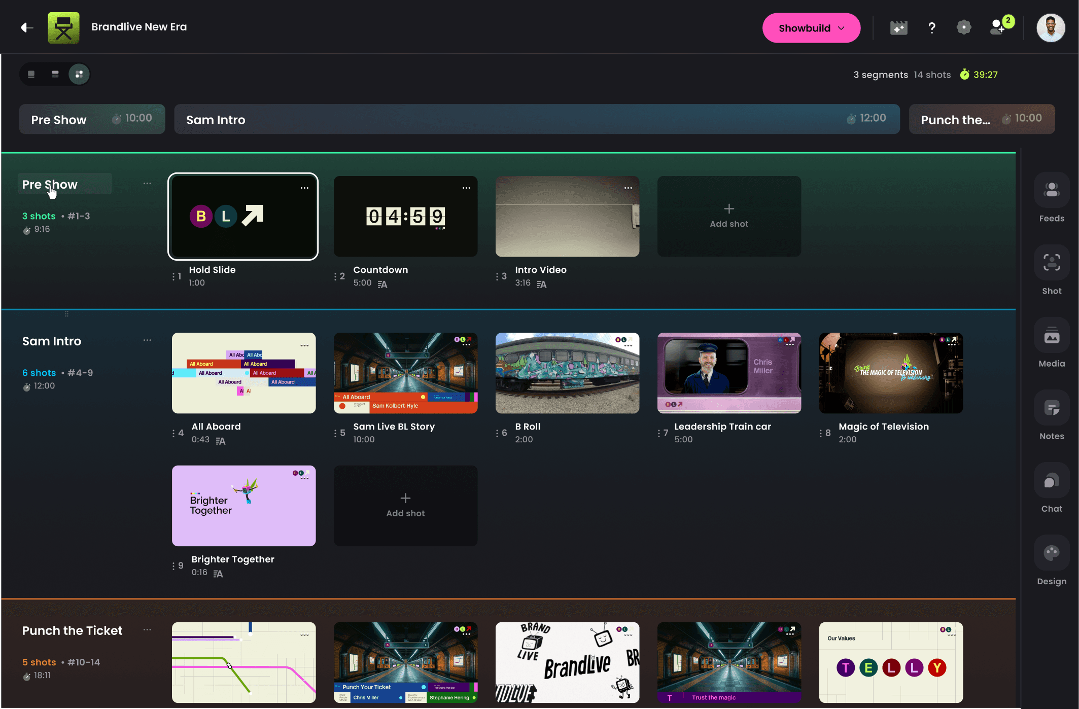 BrandTV Greenroom UI showing a showbuild timeline with segmented shot grid including countdown, intro video, and branded content clips