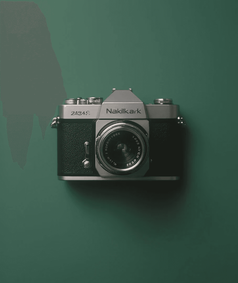 A vintage-style camera with a silver and black design, set against a clean green background, showcasing its classic aesthetic.