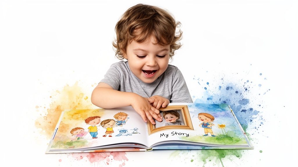 A happy young child with curly hair excitedly looks at an open storybook with colorful illustrations.
