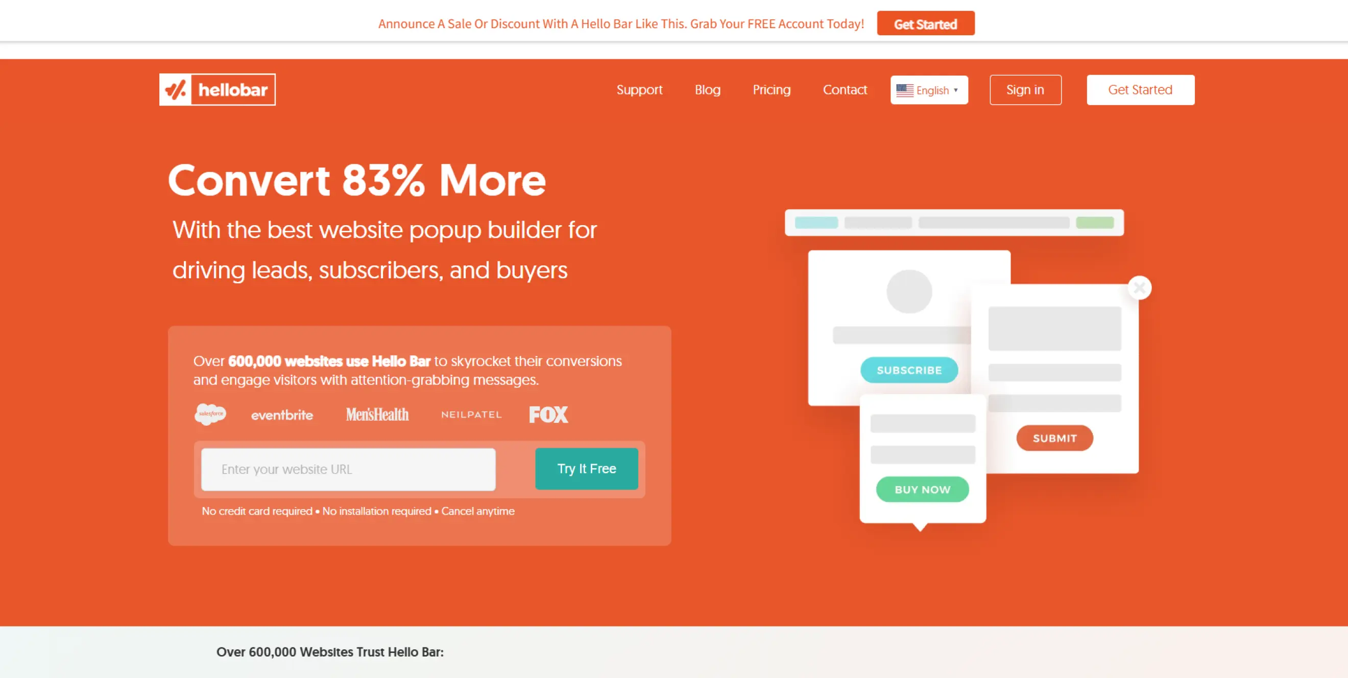 Hello Bar website hero section featuring the headline “Convert 83% more”