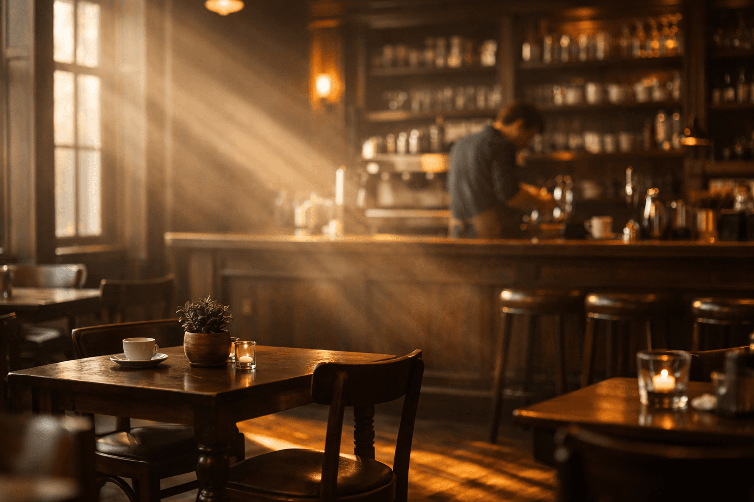 Barista working behind the counter as sunlight streams into a warm, rustic café interior.