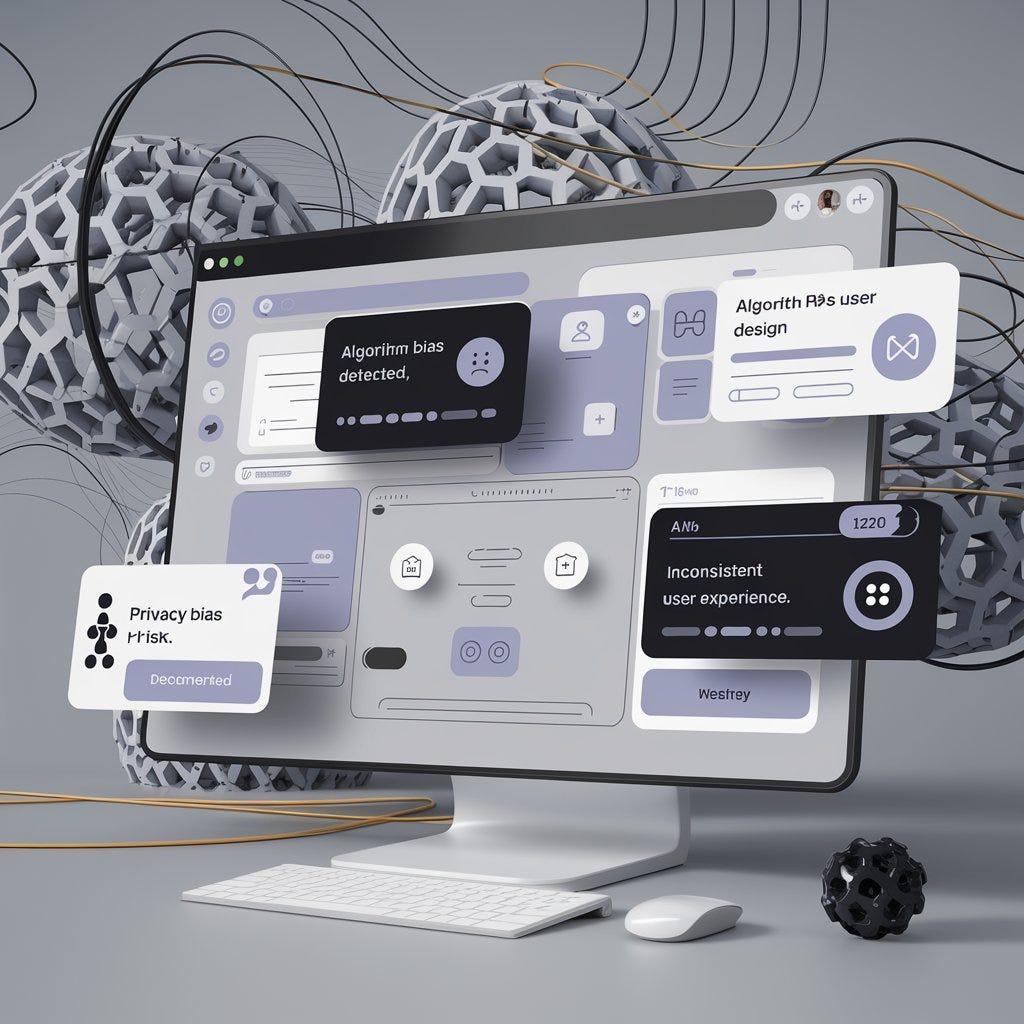 AI-powered user interface dashboard highlighting algorithm bias detection, privacy risks, and adaptive user experience design