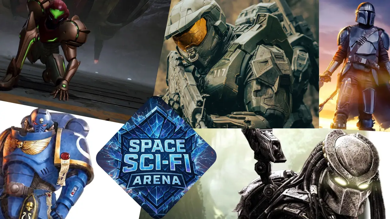 A collage of sci-fi characters, including a futuristic soldier in high-tech armour, a bounty hunter in sleek, metallic gear, and an alien creature with ornate headgear, surrounding a central "Space Sci-Fi Arena" emblem.