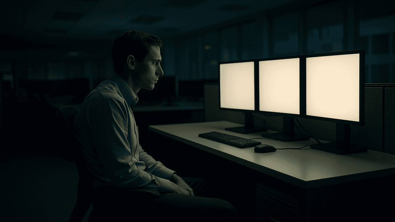 Homme assis seul dans un bureau sombre devant trois écrans lumineux.