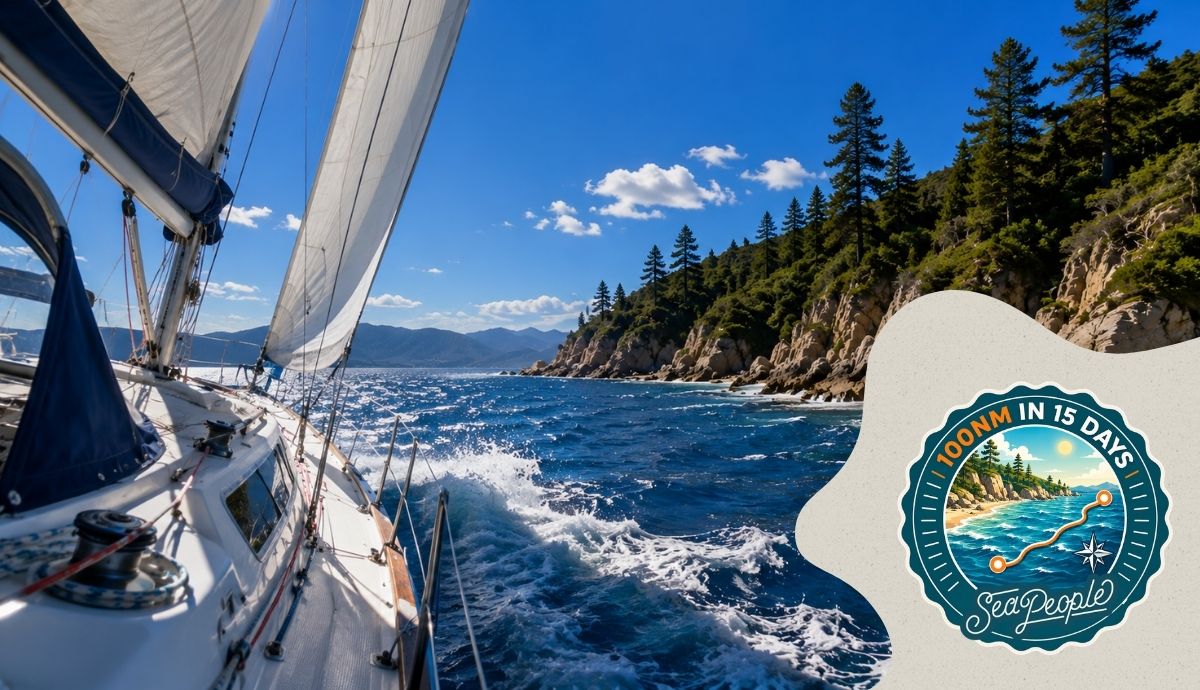 Sailboat underway along a rugged coastline during the SeaPeople 100 nautical miles in 15 days challenge