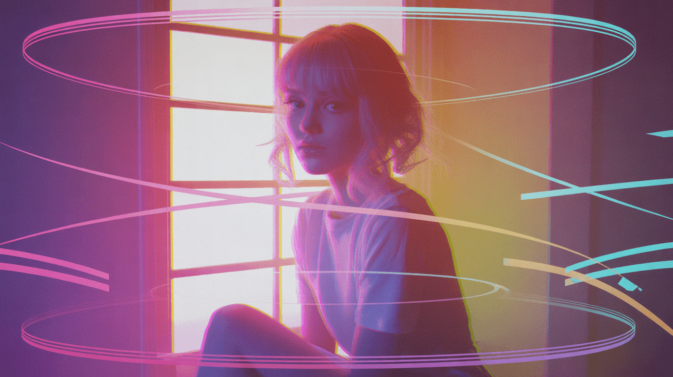 Anime girl in neon window light with pastel sound-wave ribbons in a dream pop scene