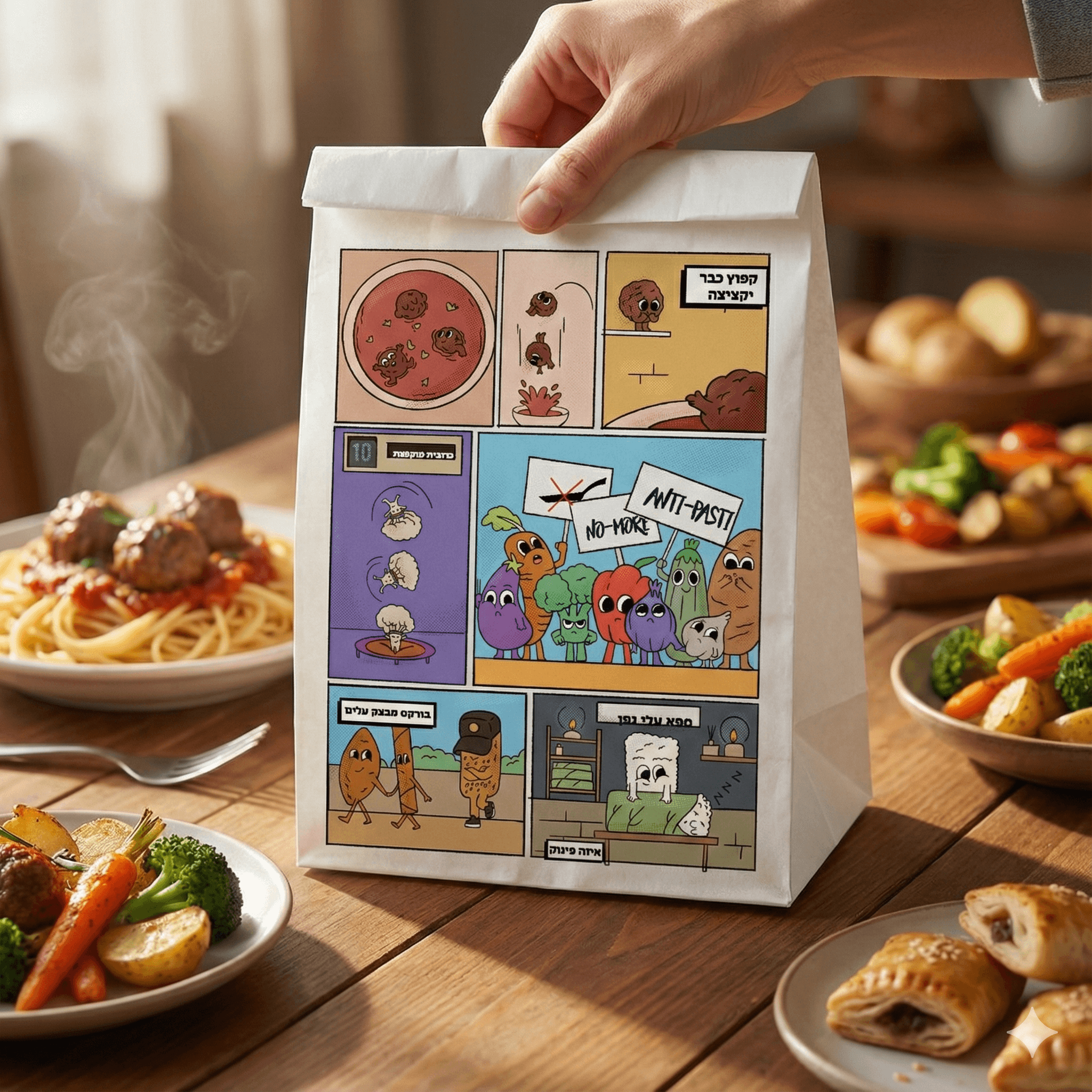 OH MAMA paper delivery bag featuring comic-style packaging illustrations, shown next to bowls of pasta and salad.