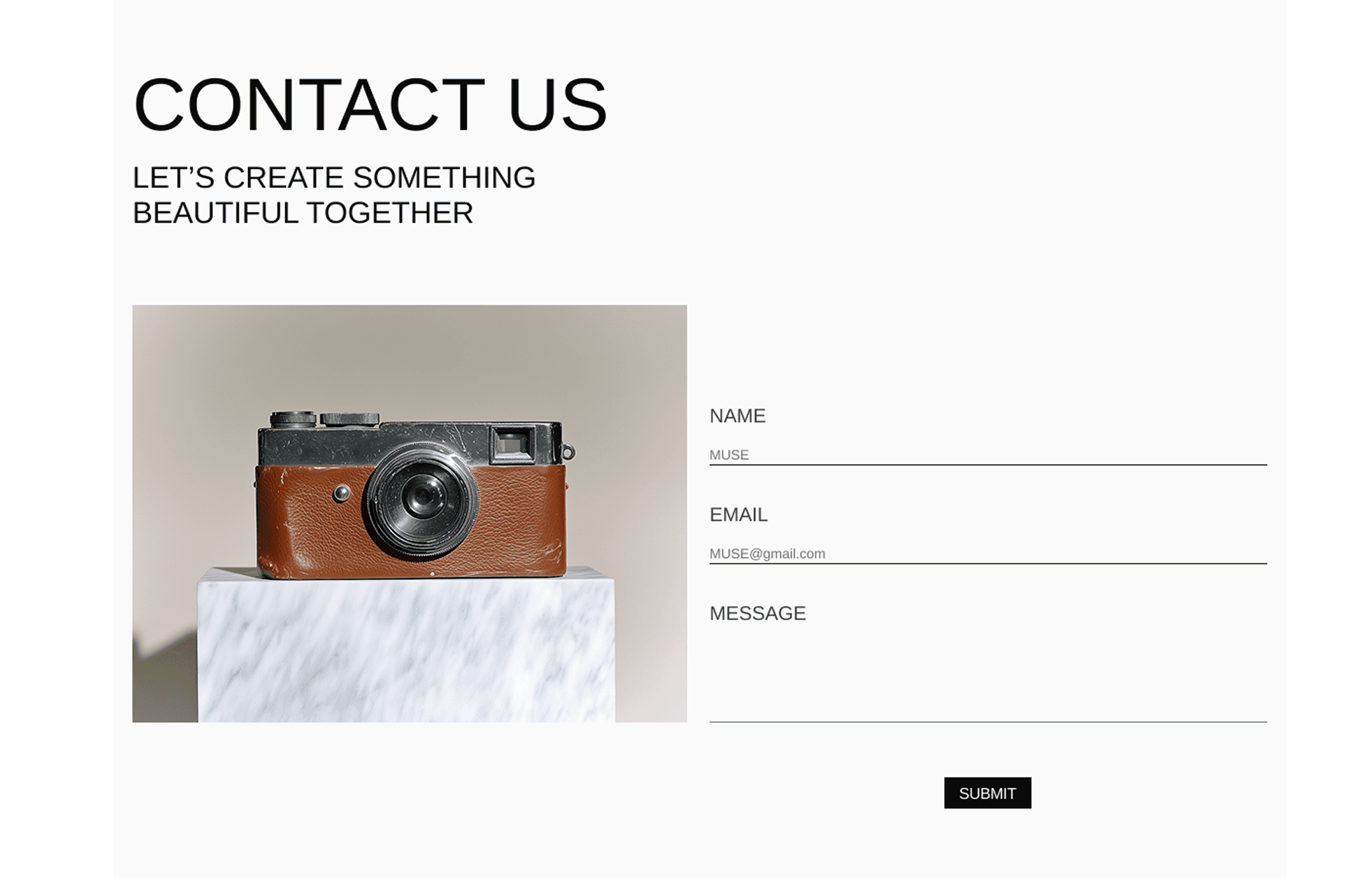Contact page design with a camera image and contact form