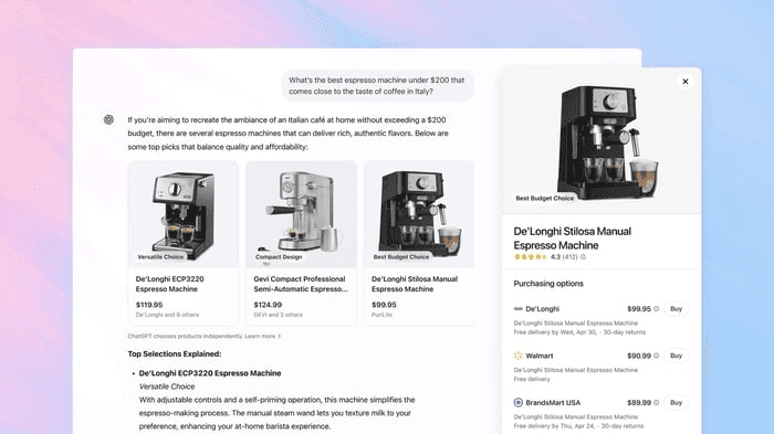 ChatGPT empfiehlt Espressomaschinen unter 200 $ mit Produktkarten, Preisen und Kaufoptionen