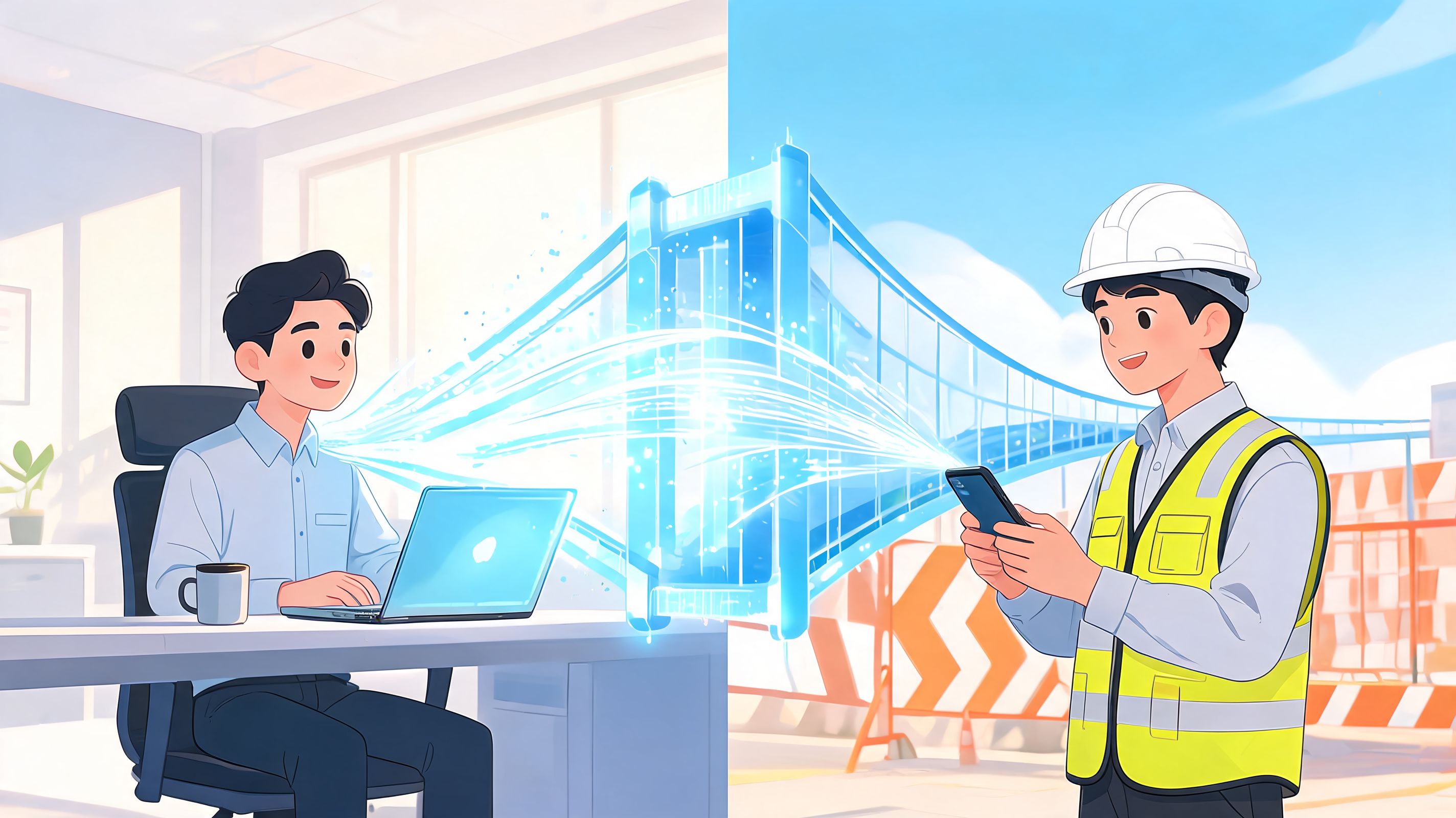 An office worker collaborating with a construction engineer through a digital 3D model on their mobile devices.