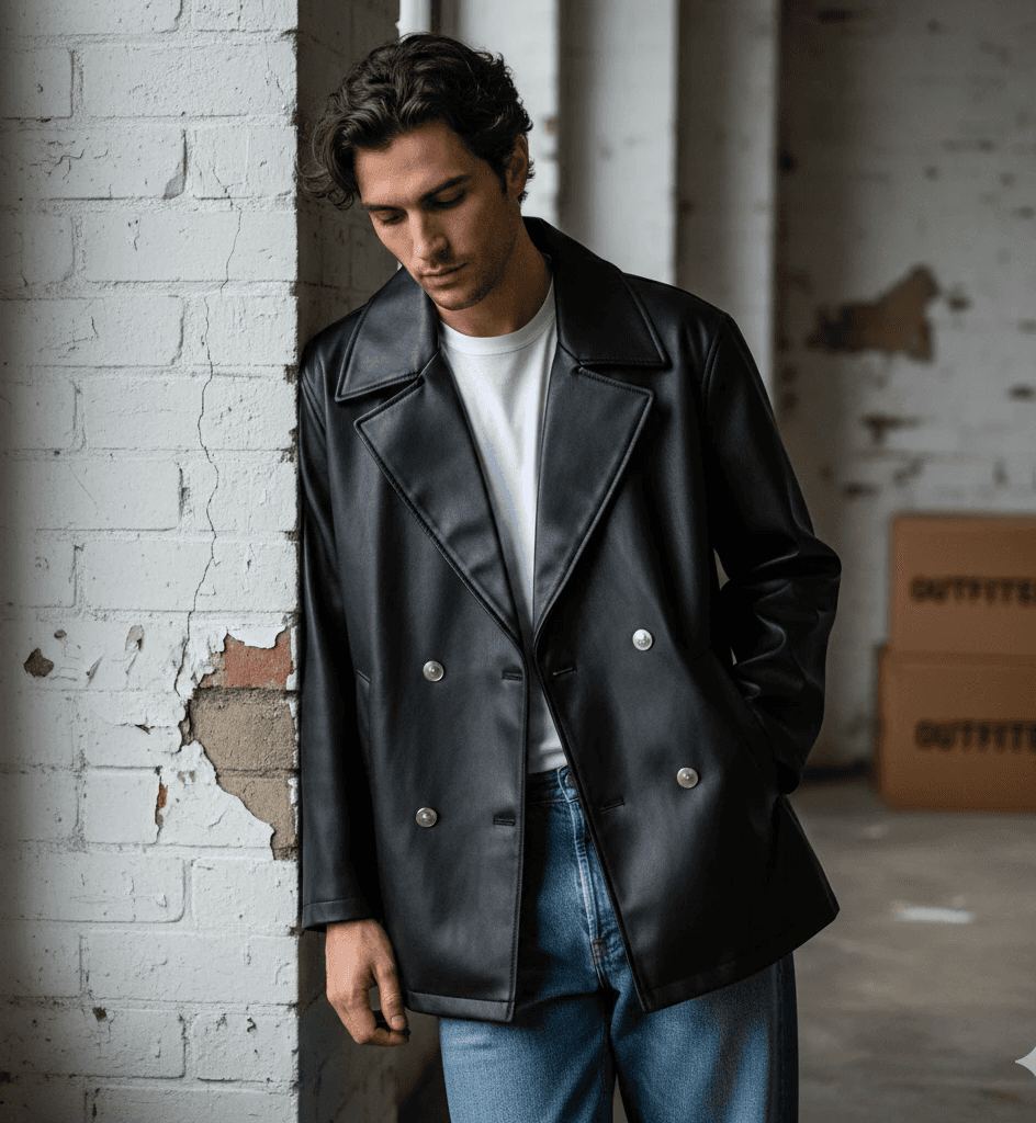 Young man in black leather double-breasted jacket jeans stand by white wall
