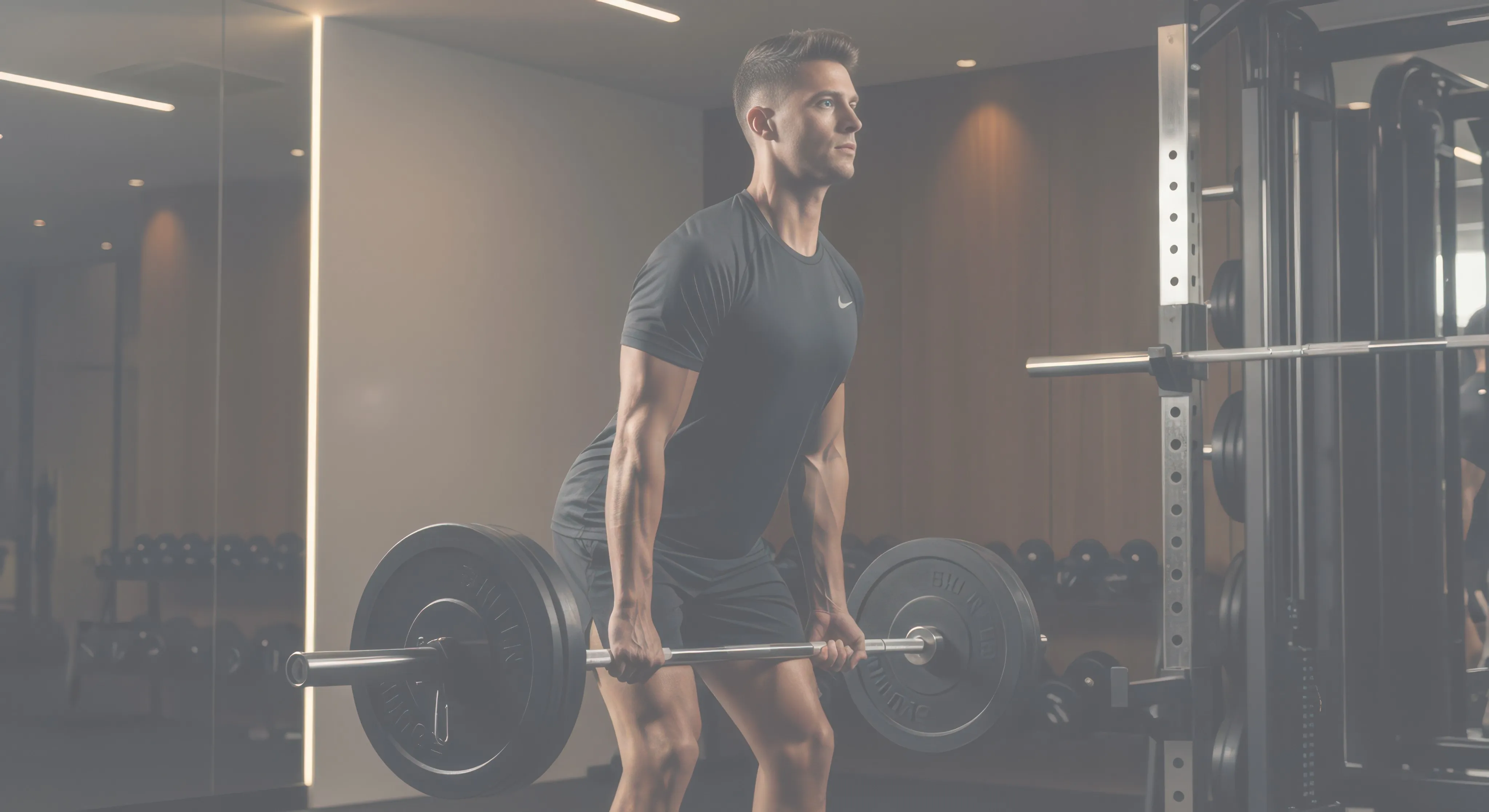 A man in a gym performs a deadlift with a barbell. He wears a fitted black shirt and shorts. The room is dimly lit, creating a focused, intense atmosphere.