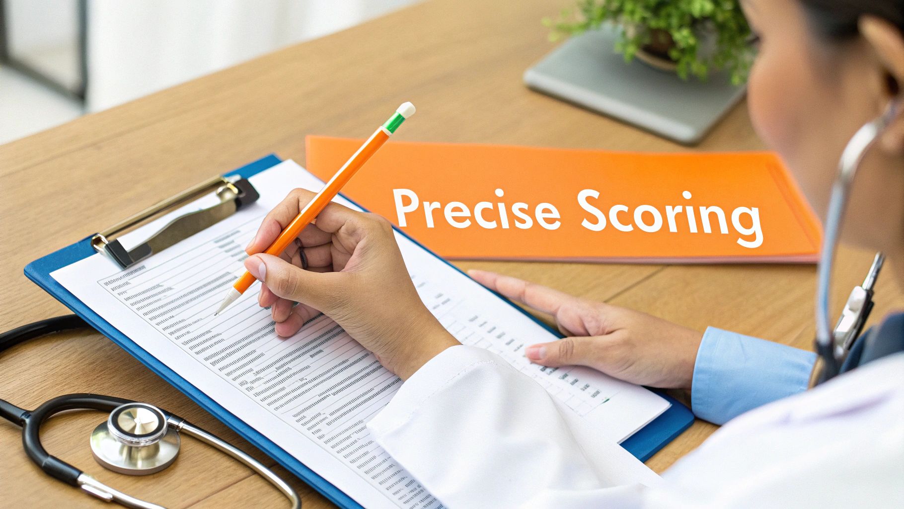 A medical professional marks a form on a clipboard, stethoscope nearby, with 'Precise Scoring' visible.