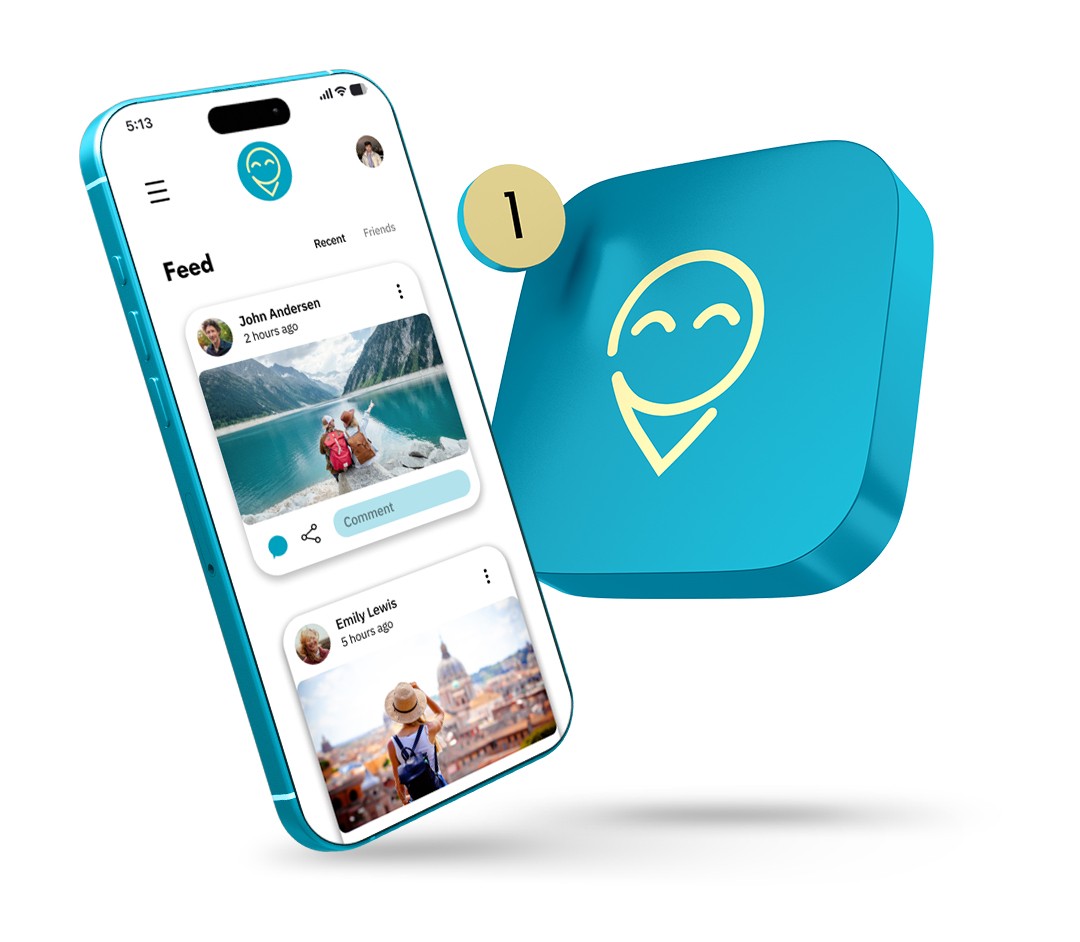 mobile app promoting positive travel stories through a clean, colorful interface