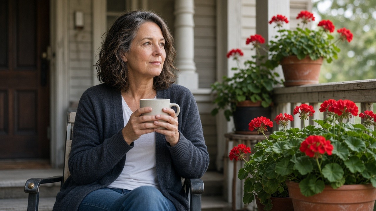 The image shows a mature woman sitting comfortably on a porch while holding a ceramic mug with both hands. She is dressed in a white shirt, dark cardigan, and blue jeans, and looks thoughtfully into the distance. The porch is decorated with several pots of vibrant red flowers, adding a colorful natural element to the scene. The wooden door and column details suggest a cozy and inviting outdoor space. This image can be used to illustrate themes of relaxation, mindfulness, home life, and enjoying peaceful moments in a garden setting.