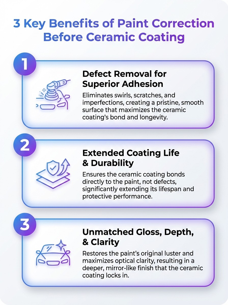 Infographic: 3 key benefits of professional paint correction before ceramic coating.