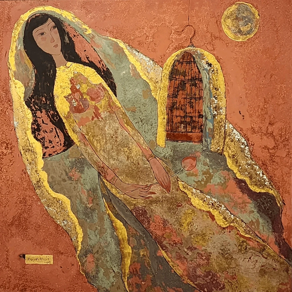 Woman in gilded robe near birdcage, with moon.