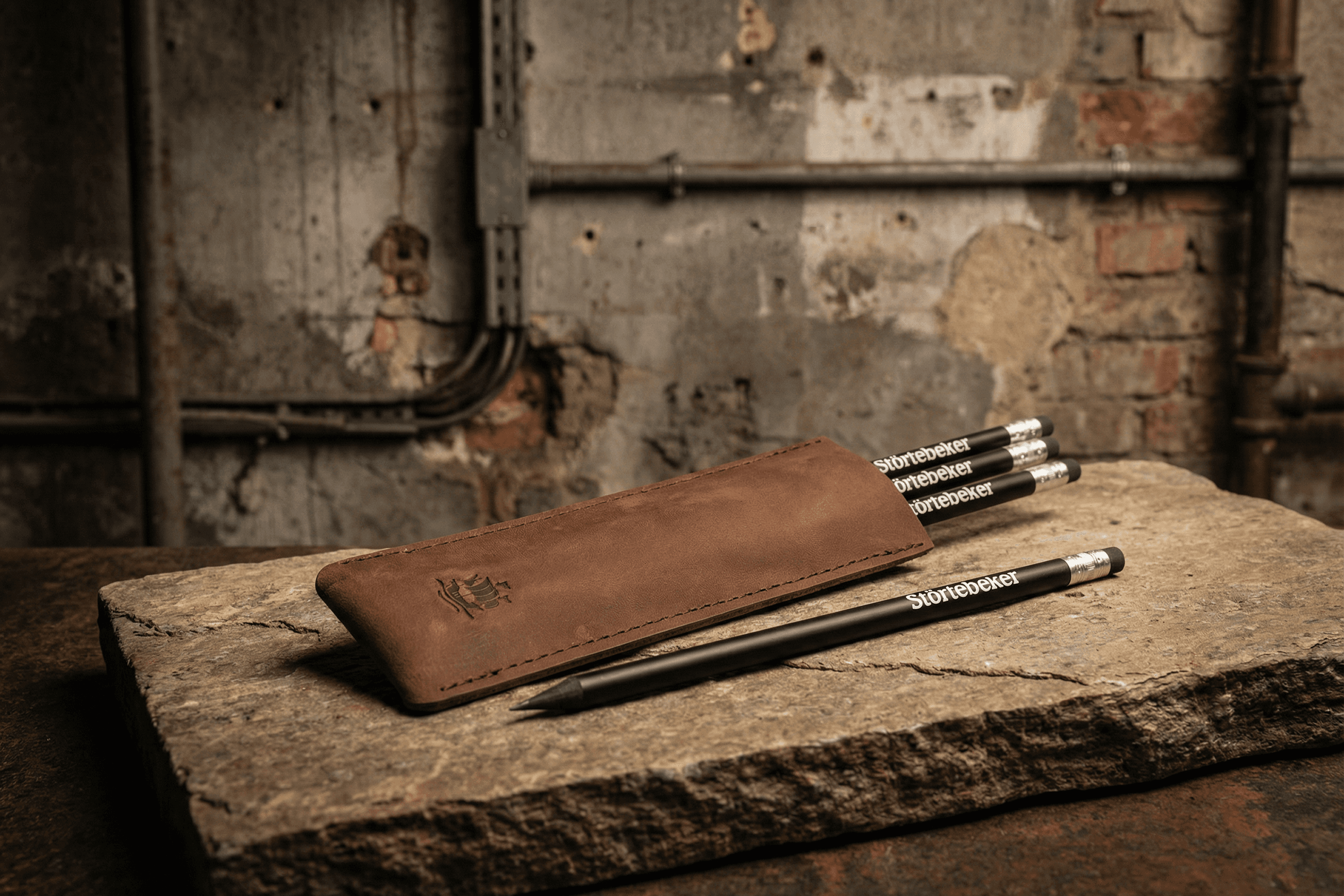 Pencils in a leather case on stone