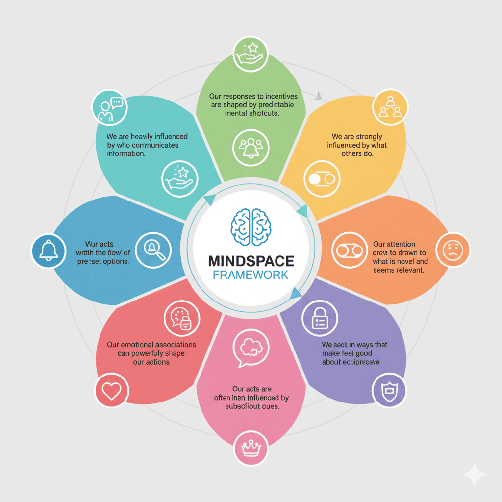 MINDSPACE framework visual showing: Messenger, Incentives, Norms, Defaults, Salience, Priming, Affect, Commitment, Ego.