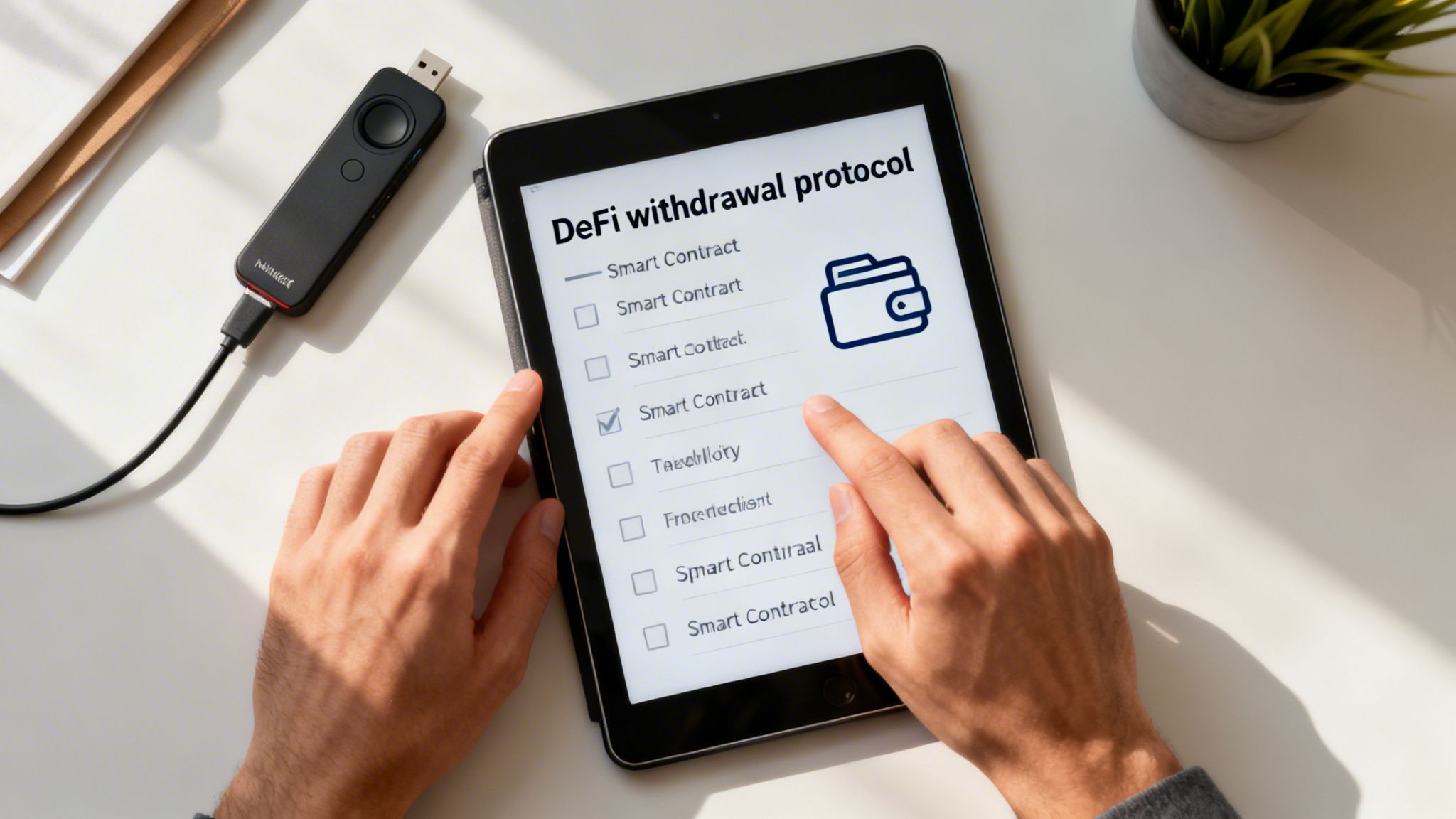 Person interacting with a tablet displaying a DeFi withdrawal protocol, next to a hardware wallet.