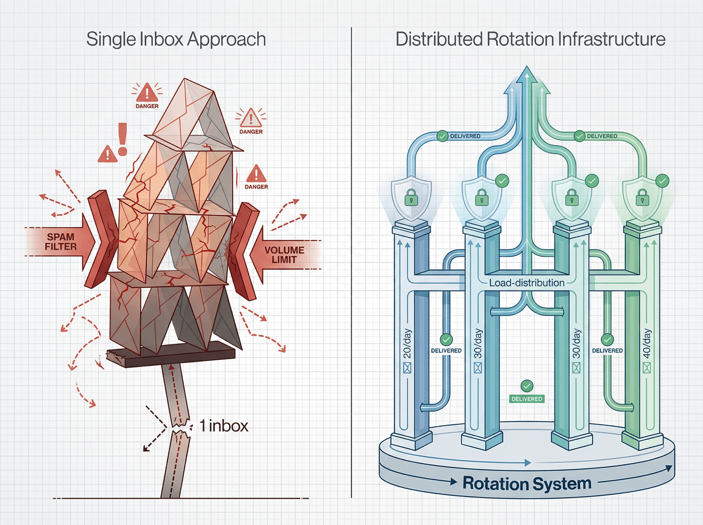 Split-panel editorial illustration contrasting single-inbox fragility with distributed inbox rotation infrastructure stability