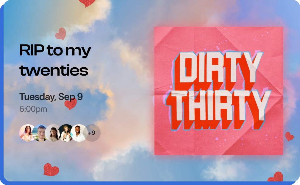 A colorful graphic featuring the text "Dirty Thirty," with abstract shapes and a playful design.