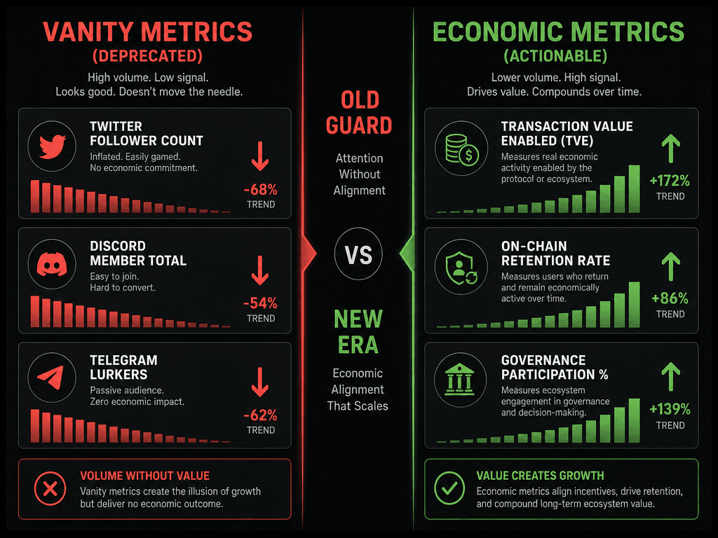 Comparison chart of deprecated vanity metrics versus actionable economic metrics for Web3 community engagement and crypto project health.
