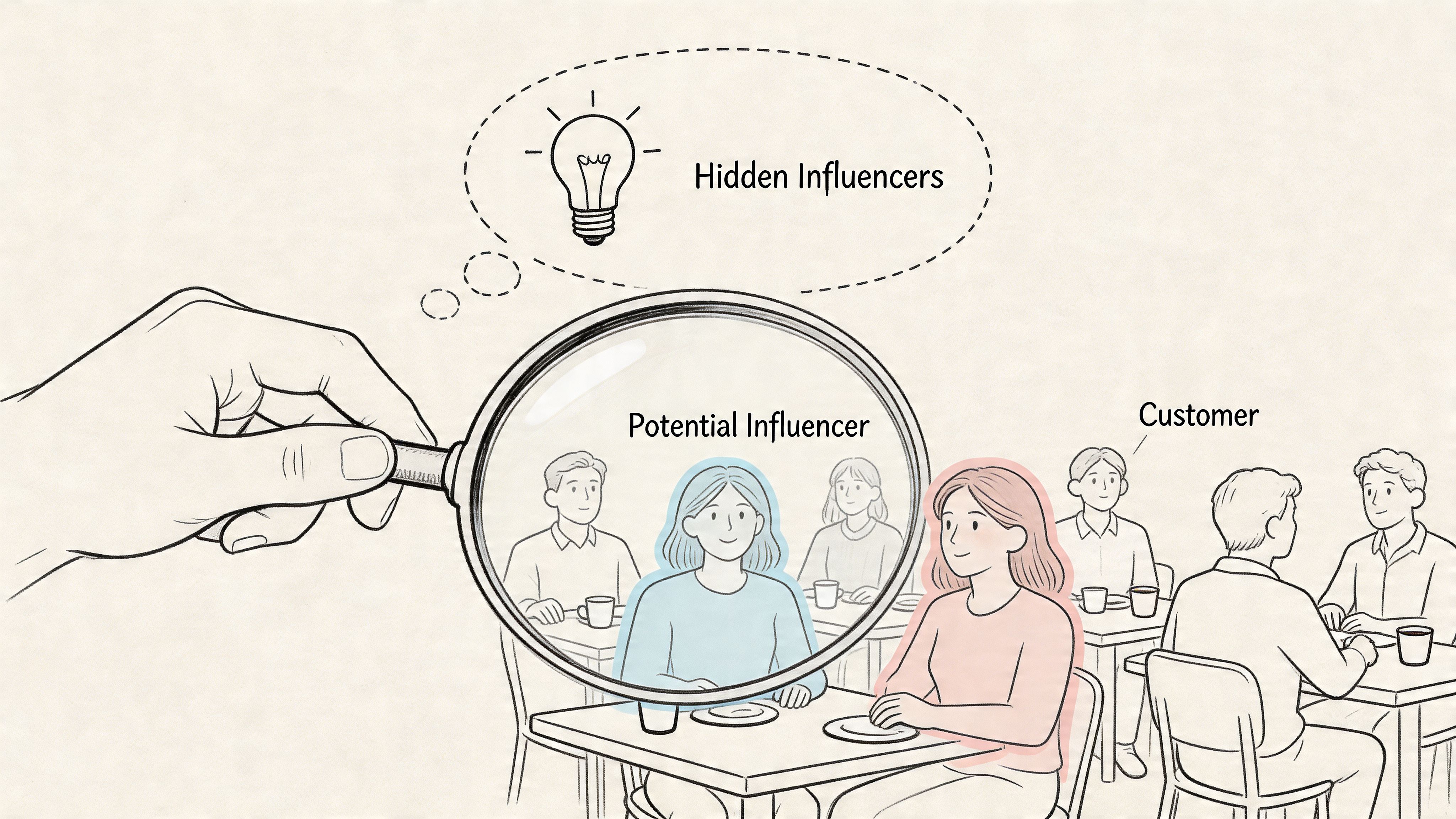 A hand using a magnifying glass to identify potential restaurant customers who act as hidden brand influencers.