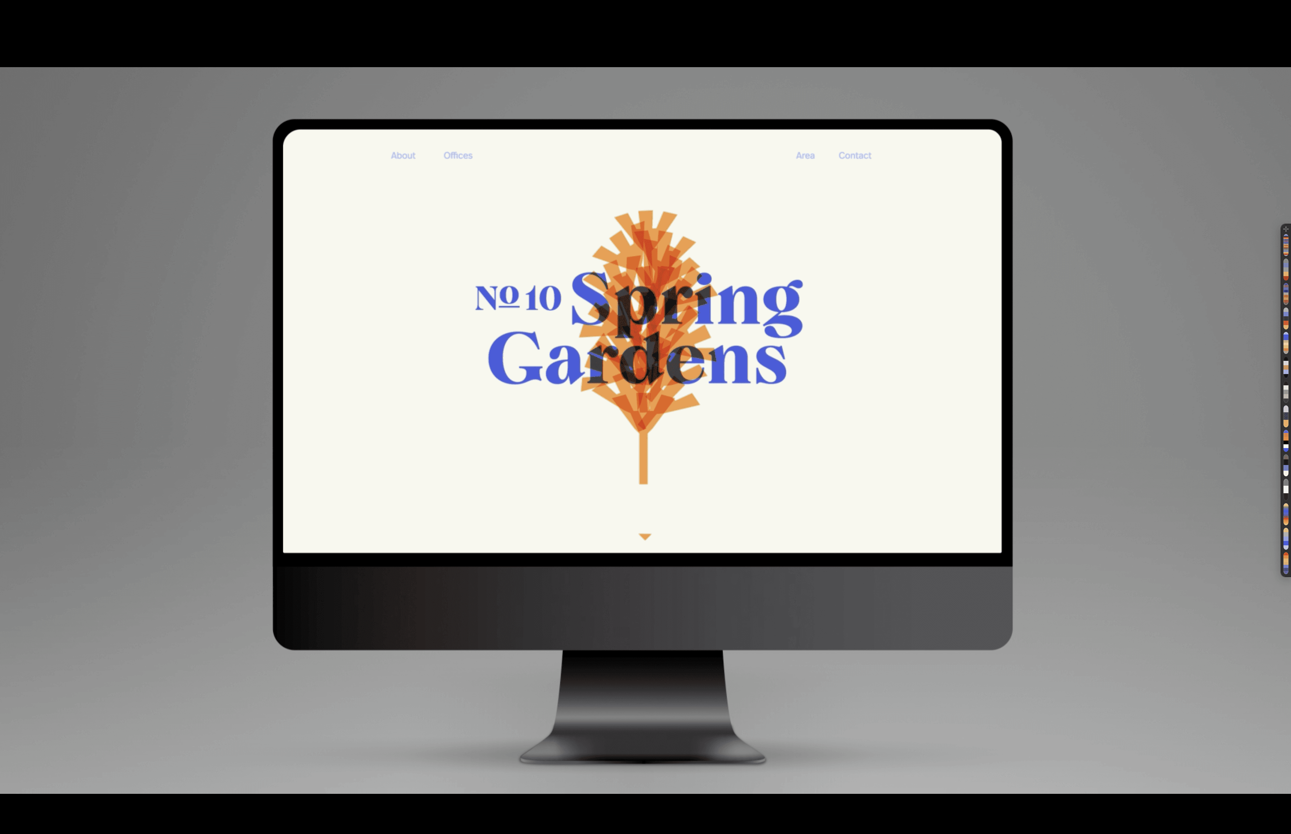 Desktop computer screen displaying a webpage with "No 10 Spring Gardens" text and an orange abstract tree graphic.
