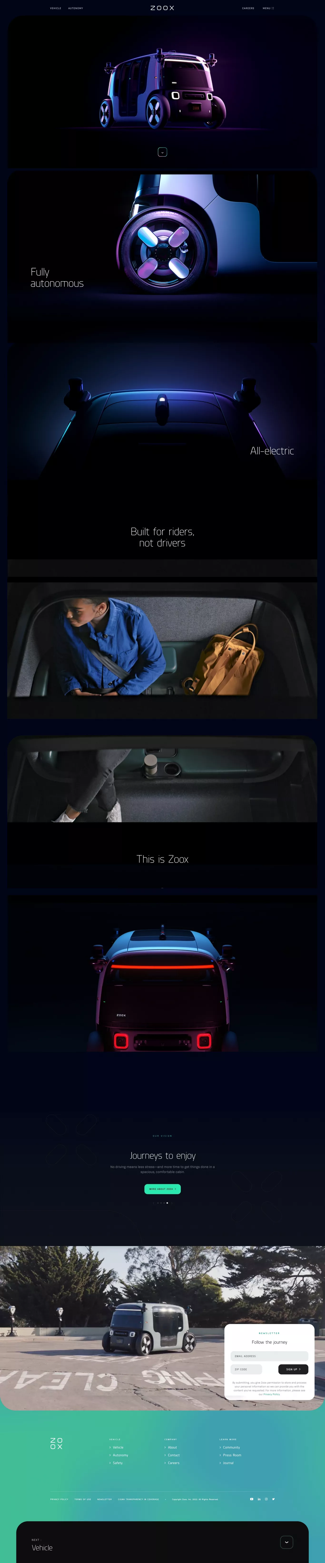 Zoox landing page screenshot showcasing Design and Tech design